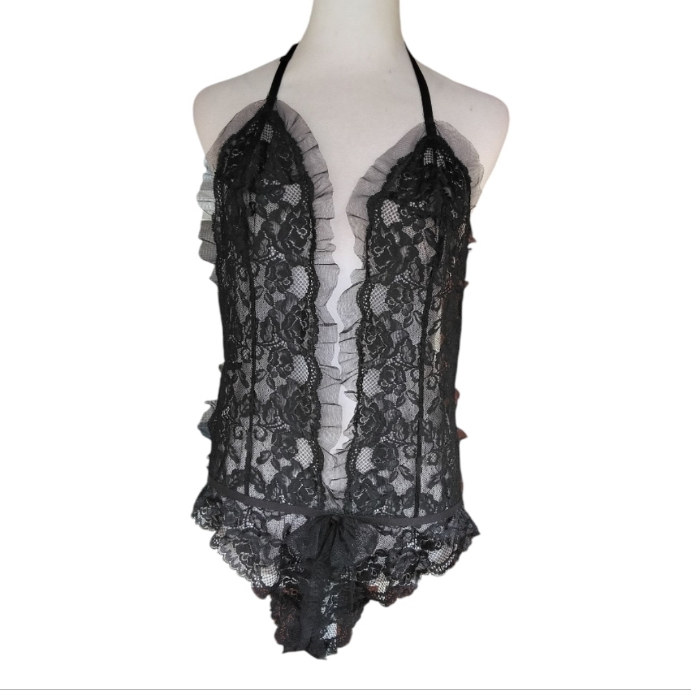 Adore Me Black Floral Lace Ruffle Trim Bodysuit Teddy Nylon Size XL